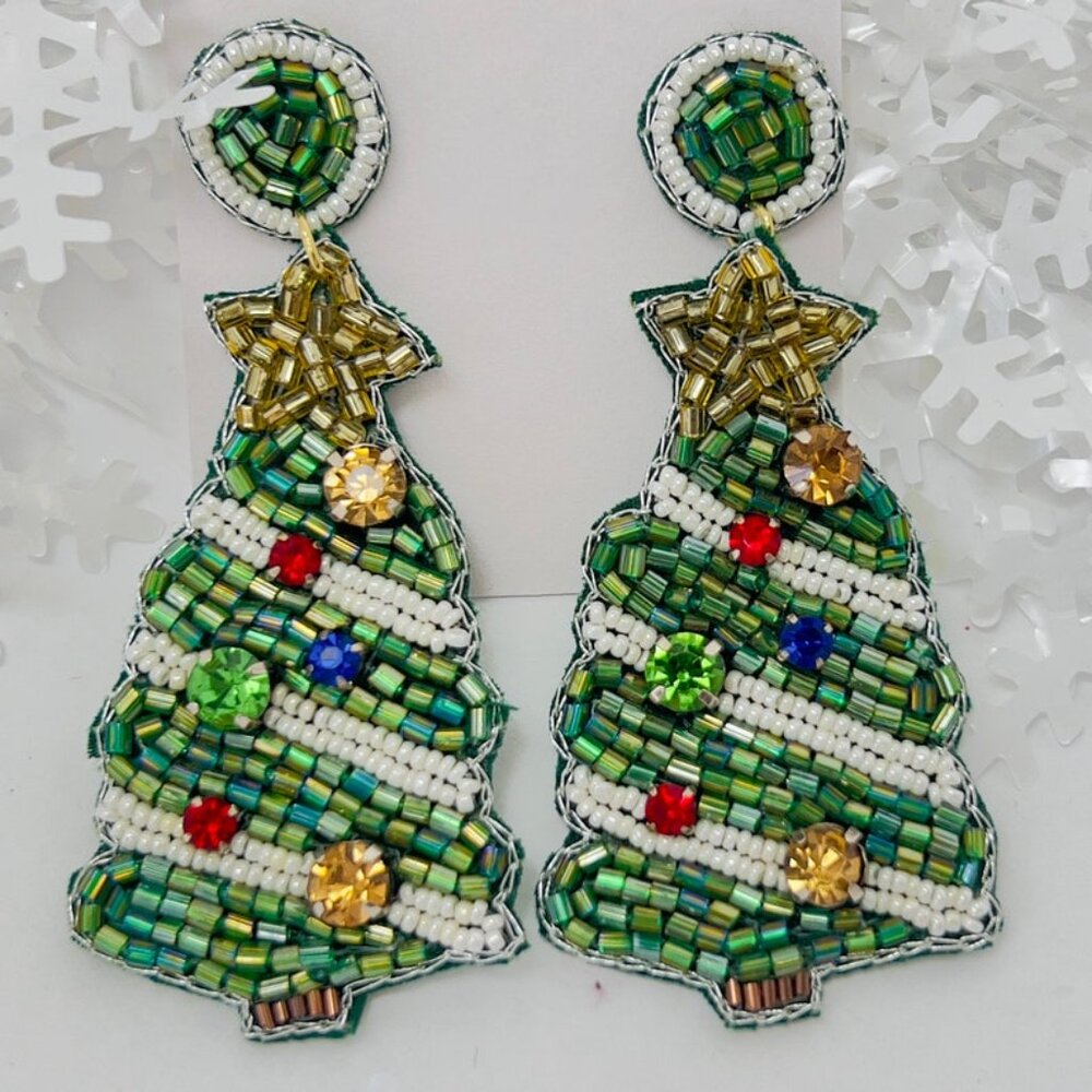 Elegant Handmade Beaded Earring Festive Tree Green Jewelry